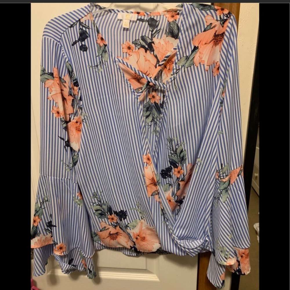 Blue and white striped floral top